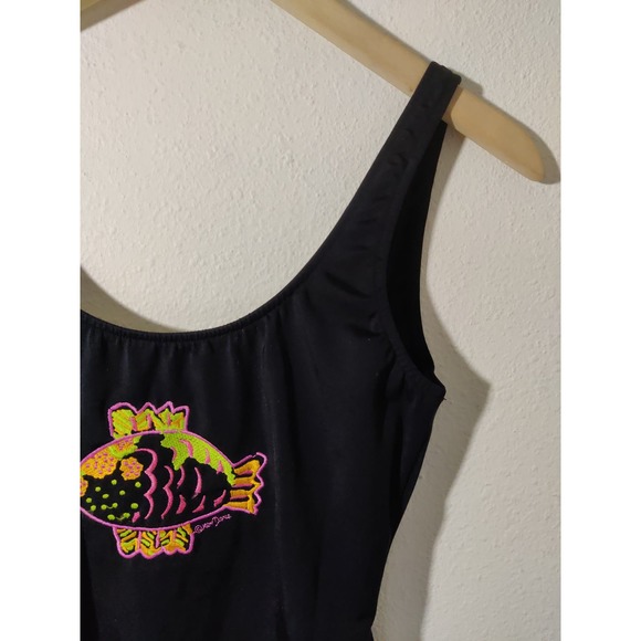 Ken Done Vintage Black Embroidered Fish Scoop Back One Piece Swimsuit 12 - Picture 2 of 9